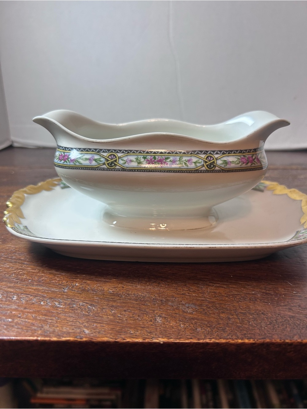 Rare J POUTAT LIMOGE White Porcelain Gravy Boat with Pink Floral Band